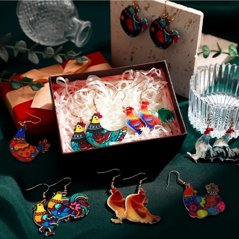 8 Pairs Gold Colorful Rooster and Hen Earrings Set